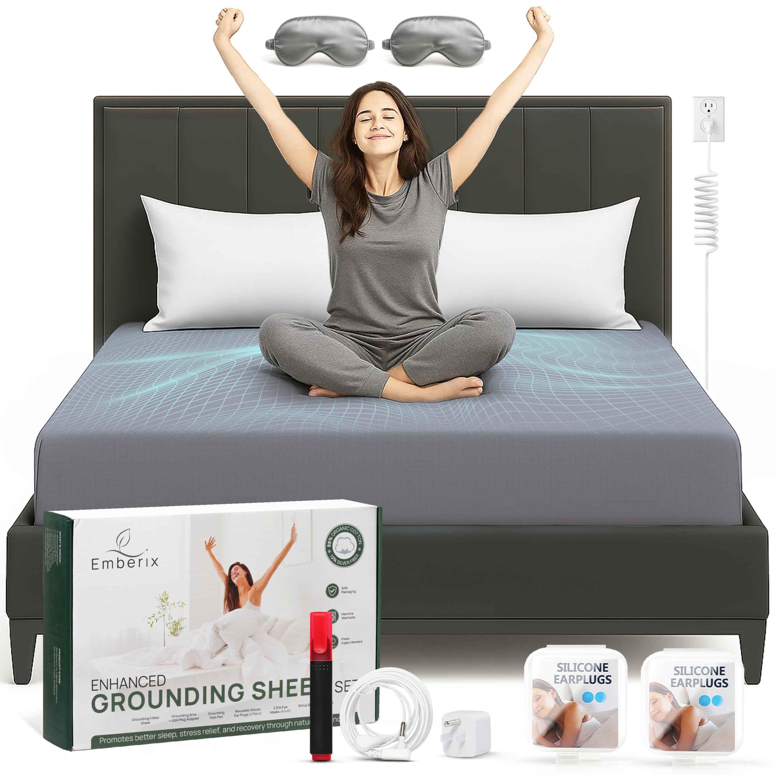 Photo 1 of Emberix Grounding Sheets Queen Size, 12% Pure Silver Fiber Earthing Bed Sheet, 88% Cotton Soft & Breathable, Grounded Sheets Deep Pocket 15" with Eye Masks & Ear Plugs for Rest & Wellness (Gray)