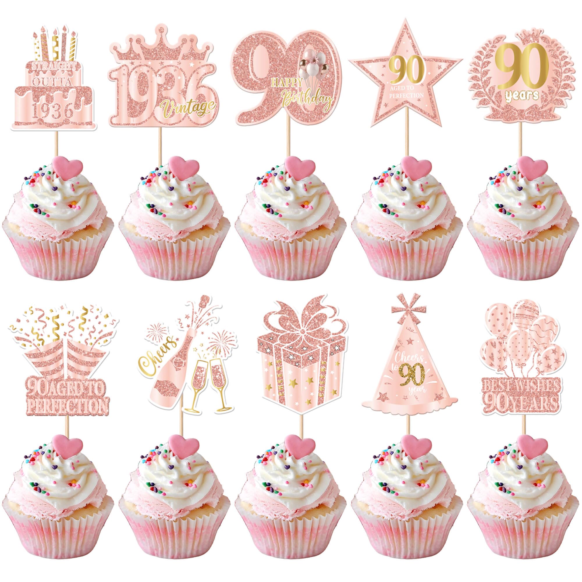 Xsstarmi 40 Pack 90th Birtday Cupcake Toppers Straight Outta 1926 Vintage 90 Aged to Perfection Cupcake Picks for Cheers to 90 Years Birthday Party Cake Decorations Supplies โ image 1
