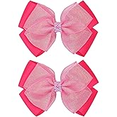 Zolyco Glitter 4.5-Inch Hair Bows Organza Alligator Clips, Sequin Delicate Double Silver Thread Woven Mesh Hair Accessories for Girls, Toddler, Kids and Women Birthday Wedding - Set of 2 (Hot Pink)