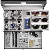 ProCase Mens Jewelry Box, Lockable 6 Slot Watch Case & 3 Slot Sunglasses Organizer, 2-layer Mens Jewelry Organizer Watch Box for Men, Watches Holder Display Storage Valentine Birthday Gifts -Black