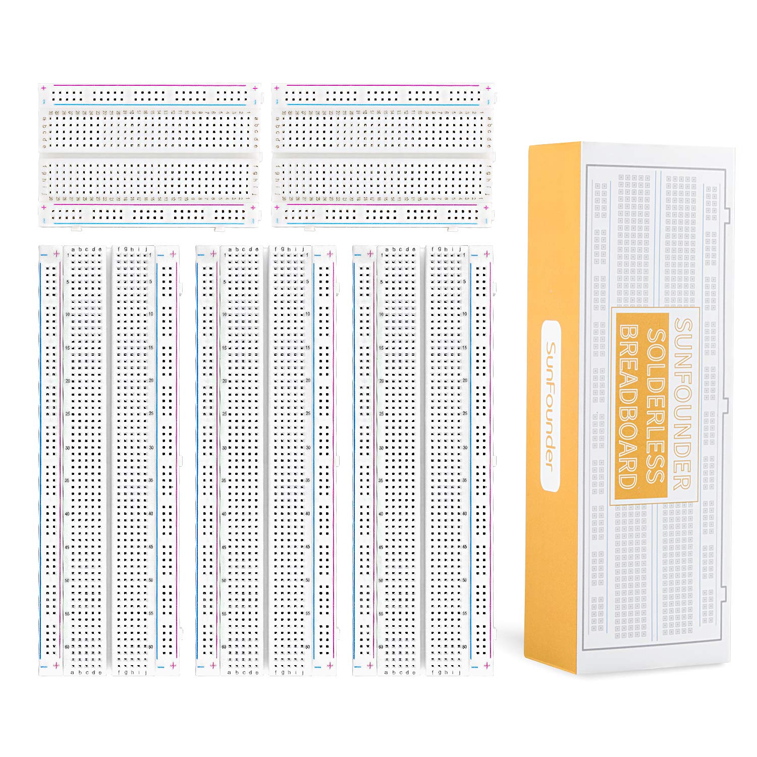 SUNFOUNDER 5PCS Breadboards Kit Include 3PCS 830 Point 2PCS 400 Point Solderless Breadboard Compatible with Arduino Proto Shield Distribution Connecting Blocks