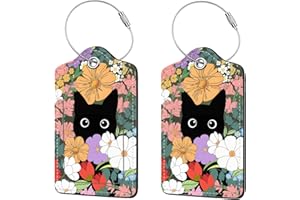 ANIKATHY 2 Pcs Luggage Tags for Suitcases, PU Leather Cruise Ship Luggage Tags with Privacy Cover Label Address Card and Durable Metal Ring Suitable for Men Women Handbags Backpacks,Flower Bushes and Cats