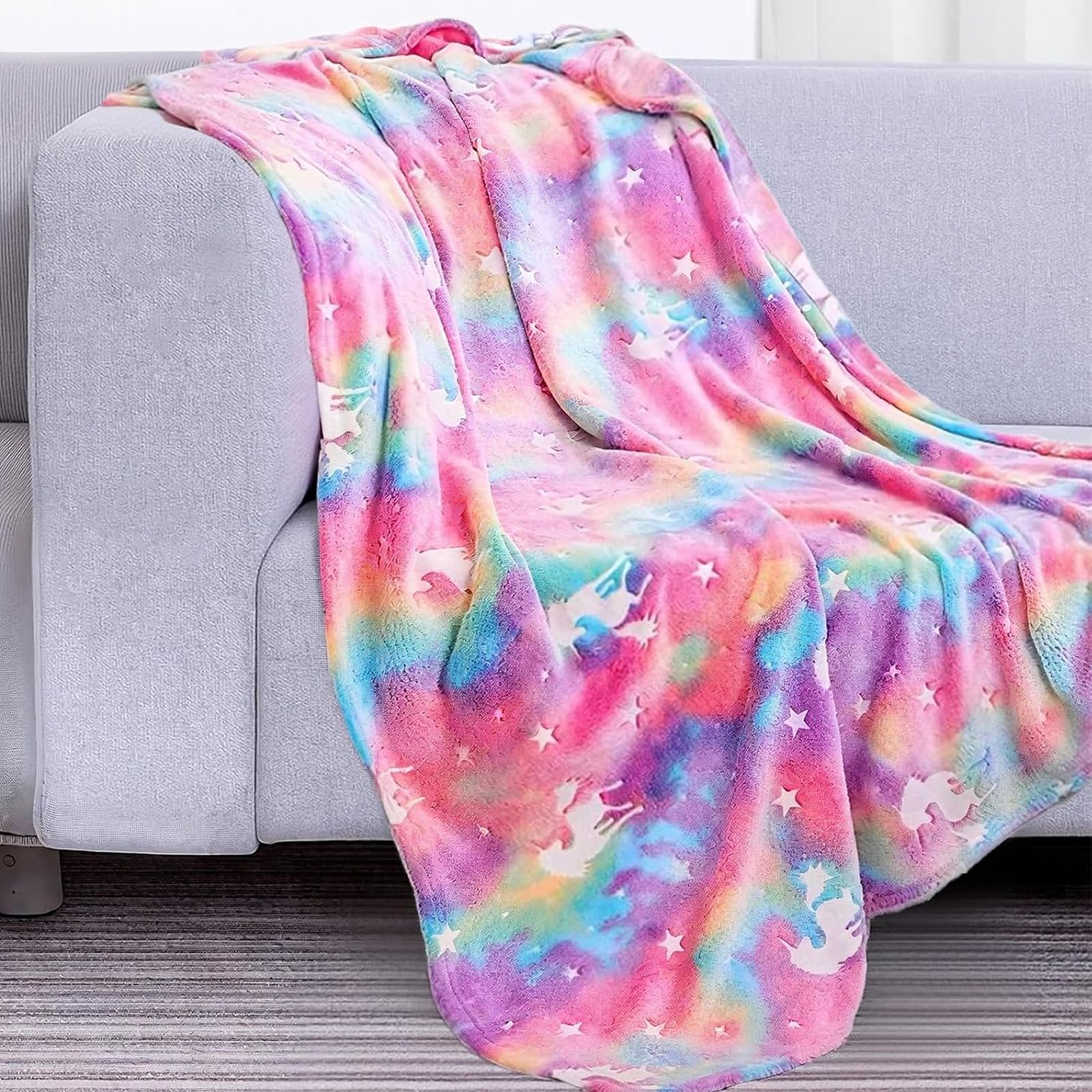 LXTOPN Unicorn Blanket for Girls Children, Glow in the Dark Fleece Blanket, Cuddly Blanket 150 x 200 cm, Luminous Blanket for Children and Adults (Rainbow, 150 x 200 cm)