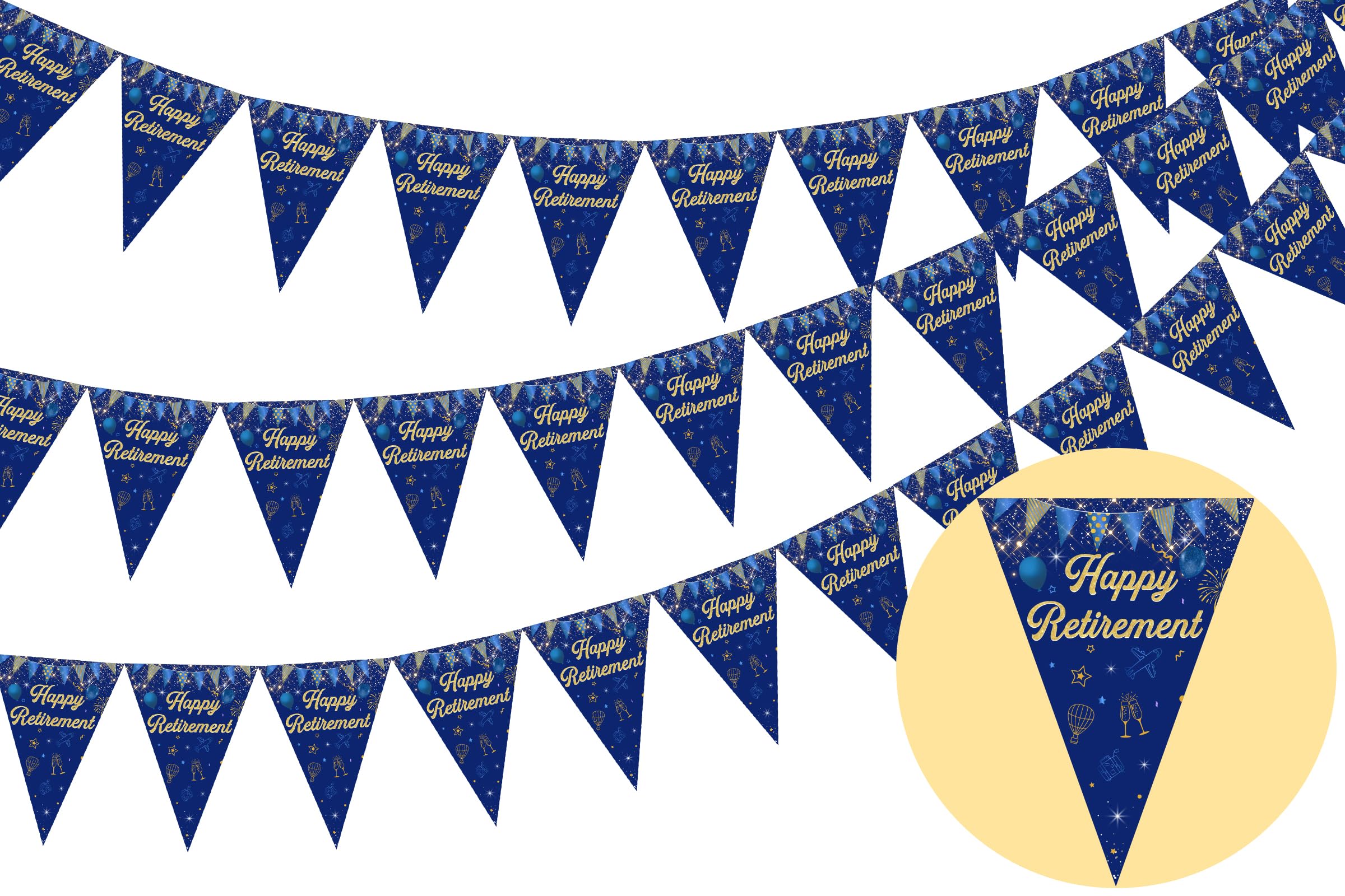 Cheereveal 3 Pack Happy Retirement Pennant Banners Navy Blue and Gold - Congrats Retire Hanging Triangle Bunting Flags, Retirement Going Away Party Decorations