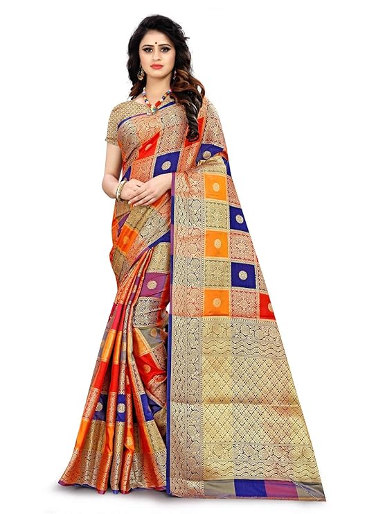 Fashion Women's Zari Woven Banarasi Style Patola Silk Sari With Blouse Piece (Multicolor)