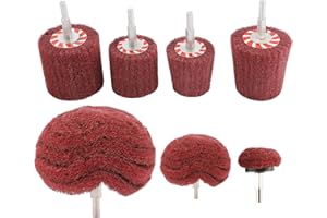 HighFree 7 PCS Non Woven Abrasive Buffing Polishing Wheels Drill Attachment Set - Scouring Pads Wheel with 1/4" Shank for Stainless Steel Copper Aluminum Wood-Wares (320 Grit Red)
