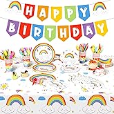 Buryeah 212 Pcs Rainbow Party Supplies Rainbow Birthday Party Decoration Happy Birthday Banner Pastel Paper Plates Tablecloth Cups Napkins Cutlery Fork Spoon Knife for 30 Guests(Vivid Style)