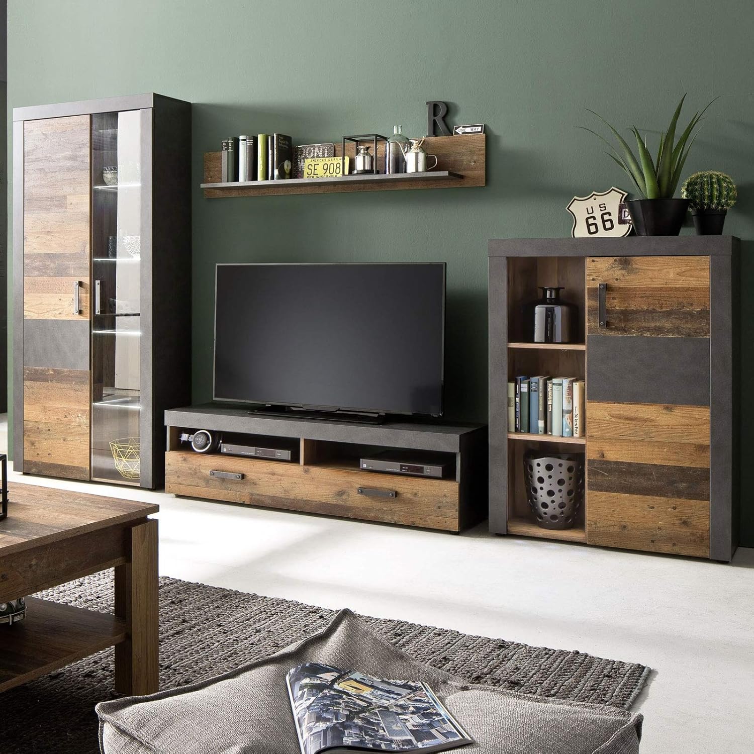 Wohnwand Indy Set 4 teilig Holz graphit grau Matera Wohnzimmer