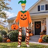 Ramede 7 Pcs Halloween 12 Foot Skeleton Outfits, Pumpkin Skeleton Clothing | Giant Skeleton Costume Accessories, Pumpkin Clothes Felt Hat Gift Bag 4 Tinsel Garland, for Trick or Treat Yard Decor Outdoor