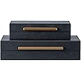 Set of 2 Black Shagreen Storage Boxes with Gold Metal Handles – Faux Leather Jewelry Organizer, Nesting Decorative Box for Photos, Memory Keepsake, Home & Office Decor