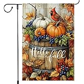 Welcome Fall Cardinal Garden Flag, Autumn Pumpkin Harvest Wooden Barrel Outdoor For Decor, 12x18 Inch Double Sided Burlap Maple Leaf Farmhouse Home Decor Yard Party Thanksgiving Decoration