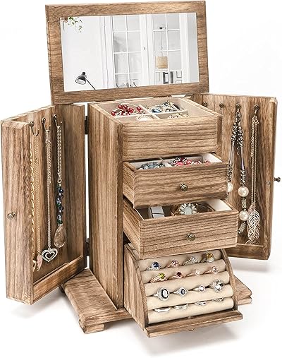 Emfogo Schmuckschatulle für Damen, rustikale Holz-Schmuckschatullen und Organizer mit Spiegel, 4-lagig, Schmuck-Organizer-Box für Ringe, Ohrringe, Halsketten, Armbänder, Rustikalbraun