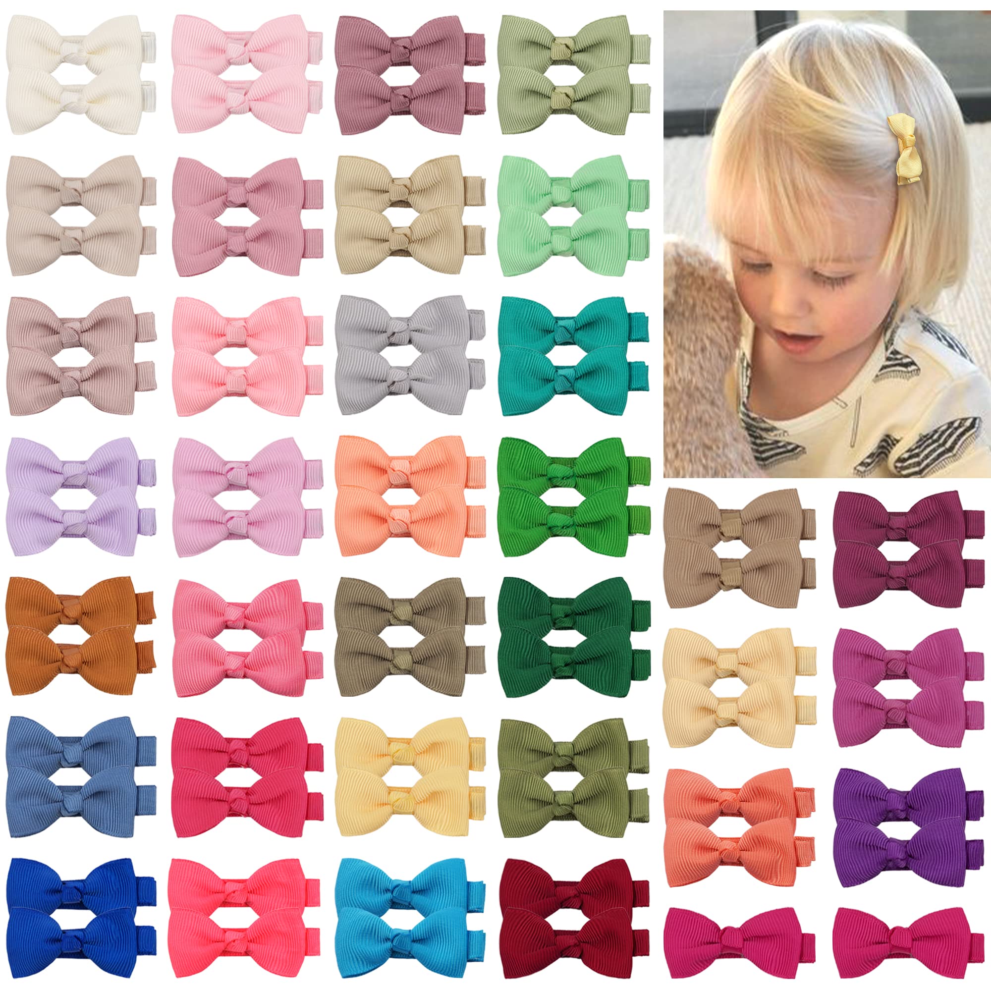 Photo 1 of CLLOT Hair Clips, 70PCS Baby Girls Fully Lined Baby Bows Hair Pins Tiny 2' Hair Bows Alligator Clips for Infants Toddlers in Pairs