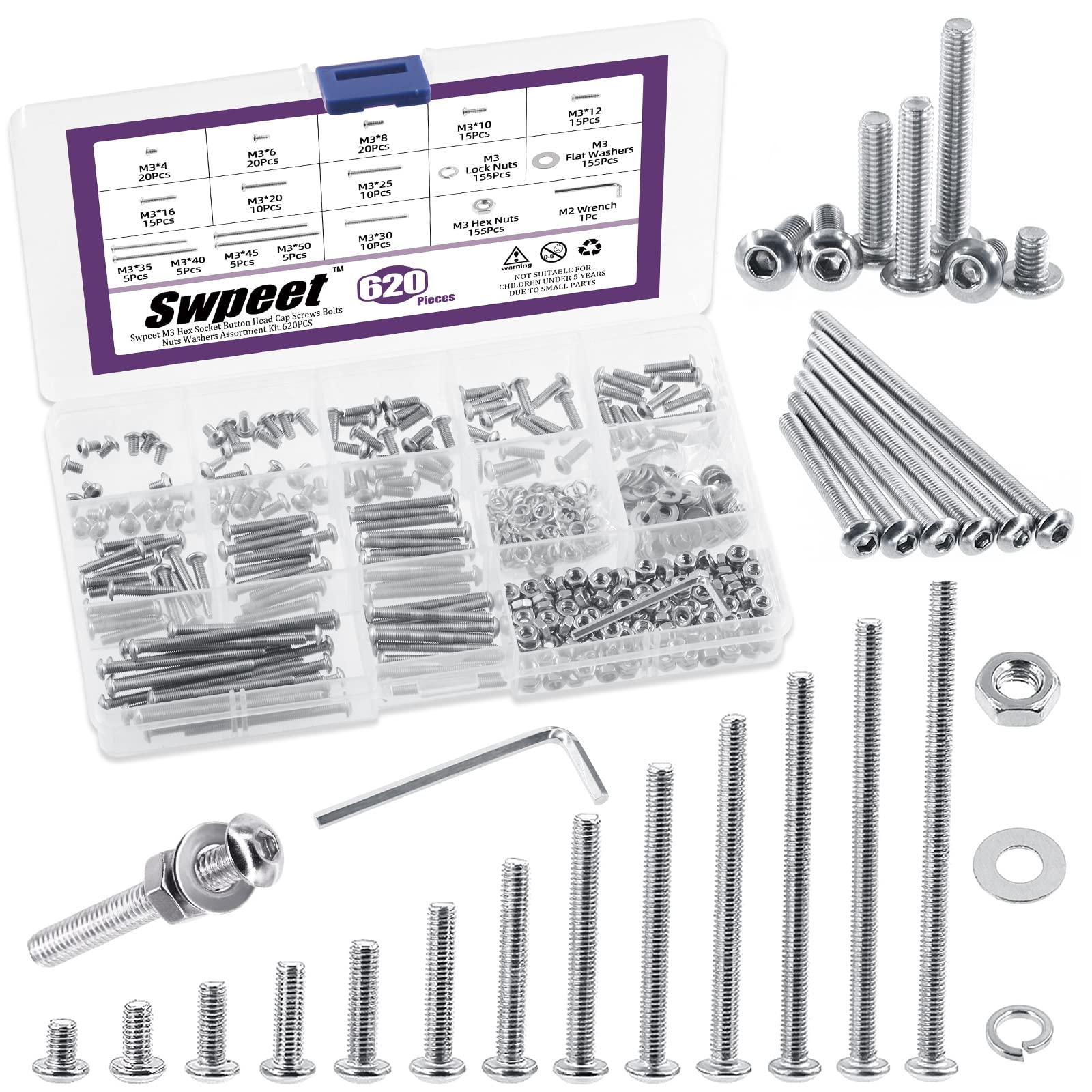 Swpeet 621Pcs M3 Metric 304 Stainless Steel Button Head Hex Socket Head Cap Bolts Screws Nuts and Hex Nuts with Flat Washers and Split Lock Washers Assortment Kit