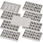 Set of 8 Stackable Jewelry Organizer Trays with 1 Lid for Drawer & Dresser Organizer, Adjustable Velvet Jewelry Box Tray Earring Organizer Necklace Storage Ring Bracelet Display Case (Gray)