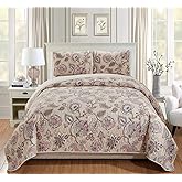 Luxury Home Collection 2 Piece Twin/TwinXL Quilted Reversible Coverlet Bedspread Set Floral Printed Beige Pink Blue #Hilton (Twin/TwinXL)