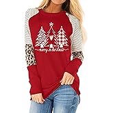 Christmas Snowman Snowflake Leopard Striped T-Shirt Women Cute Graphic Long Sleeve Casual Tunics Tops