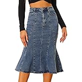 Allegra K Women's Ruffle Denim Skirt Midi Bodycon High Waist Fishtail Jean Skirts