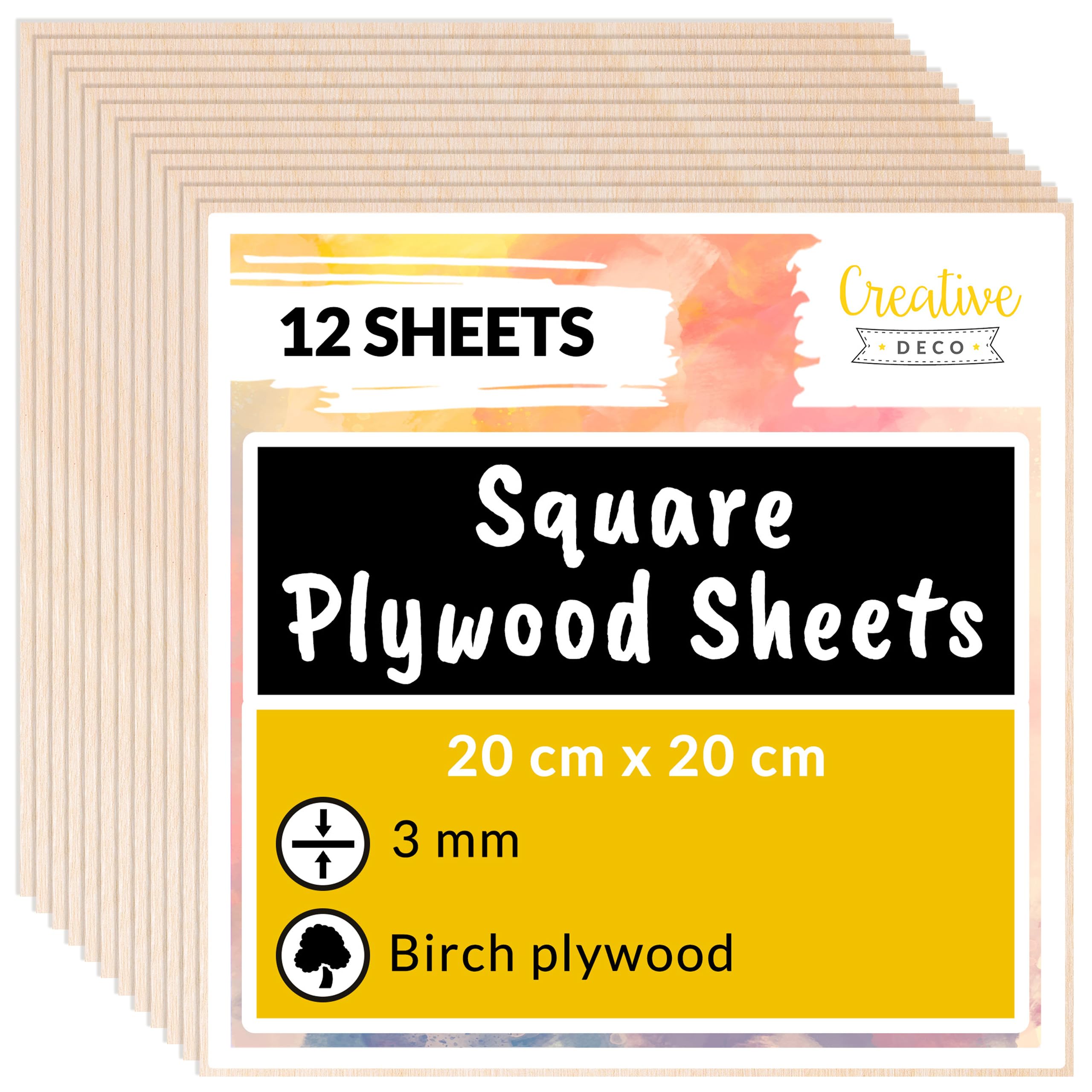 Creative Deco 12 x Square Birch Plywood Sheets | 200 x 200 x 3mm (+/-2mm) Baltic Wood Ply | Perfect Laserable Board Wood DIY Home Decor Arts Craft Painting Laser Cutting CNC Stenciling Pyrography