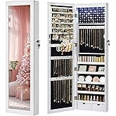 SONGMICS 6 LEDs Mirror Jewelry Cabinet, 47.2-Inch Tall Lockable Wall or Door Mounted Jewelry Armoire Organizer, White UJJC93W