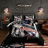 HOSIMA Soft Microfiber Black Twin Comforter with 2 Pillowcases,American Flag Striped Bass Pattern Twin Bedding Sets,Fishing Comforter Kids Men Boys Room Decor,Twin Bed in a Bag for Teens.