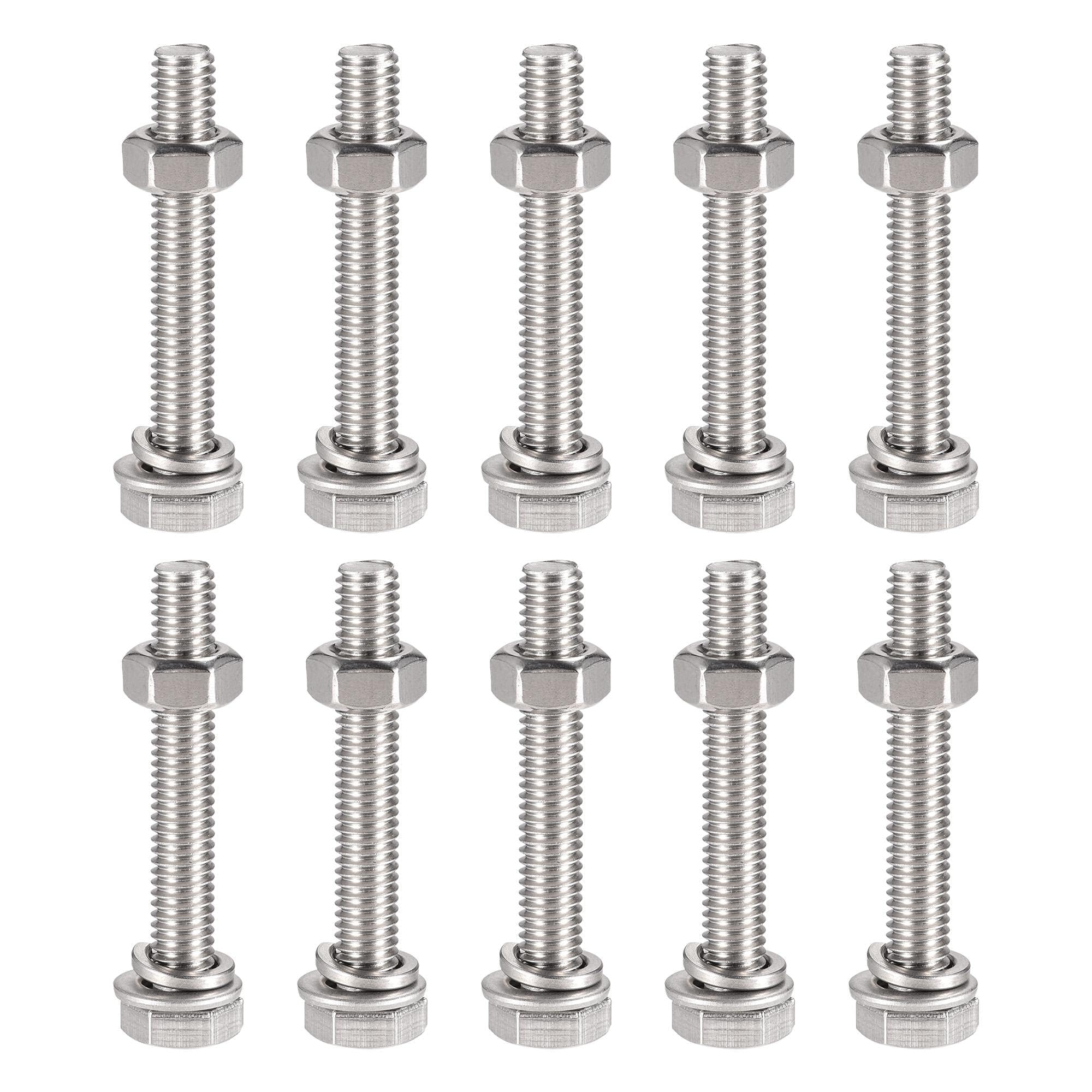 TOP-VIGOR 10Pcs M6 x 40mm Hex Head Screws Bolts, Nuts, Flat & Lock Washers Kits, 304 Stainless Steel Fully Thread Hexagon Bolts for DIY Bike Motorcycles Repair