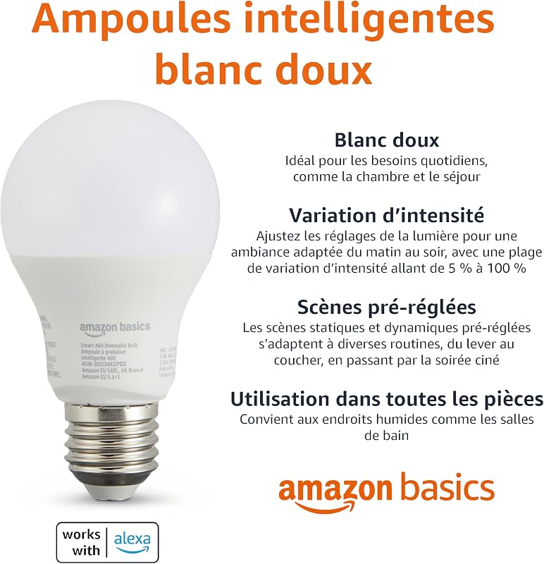 Lot de 1 ampoule LED intelligente à intensité variable, E27, 8W (60W Equivalent), Fonctionne uniquement avec Alexa, Blanc Doux, 2 pièce