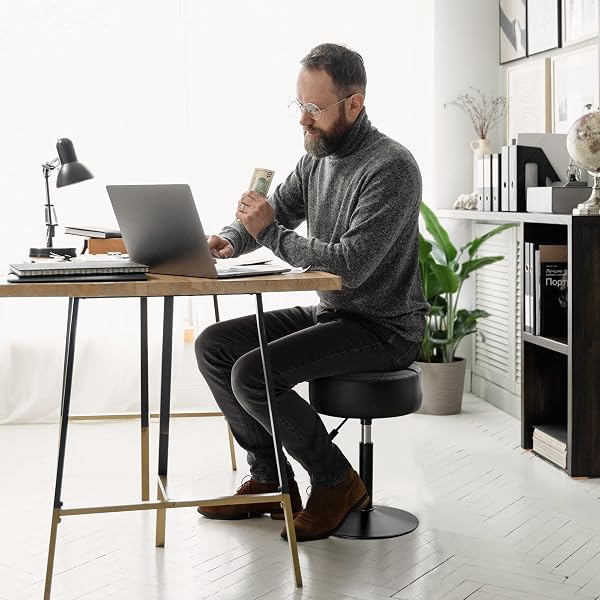 LUE BONA ADJUSTABLE VANITY STOOL, 360°SWIVEL VANITY CHAIR FOR MAKEUP ROOM, BLACK STOOL CHAIR FOR VANITY, SMALL FAUX LEATHER VANITY STOOLS FOR BATHROOM, LIVING ROOM