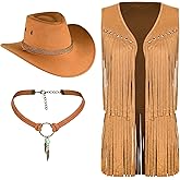 MAKCNMYM Tassel Vest for Women 70s Hippie Faux Suede Sleeveless Fringe Rivets Jacket with Cowboy Hat and Leather Necklace