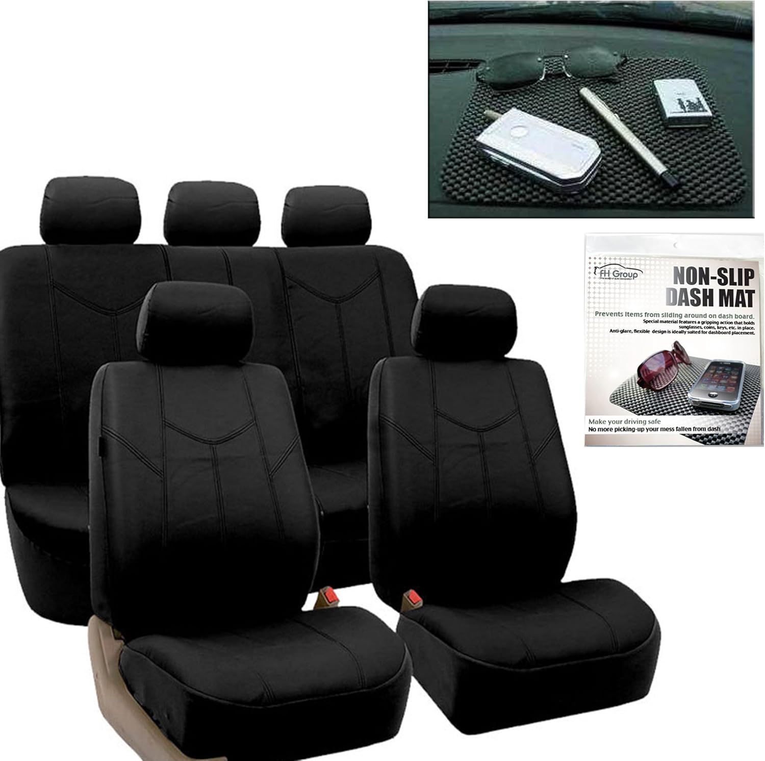FH Group FH-PU009115 Rome PU Leather Car Seat Covers Solid Black, Airbag Compatible and Split Bench FH1002 Non-Slip Dash Grip Pad- Fit Most Car, Truck, SUV, or Van