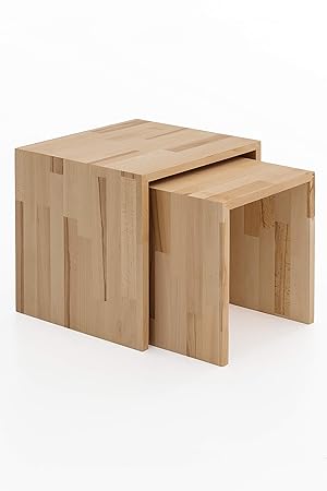 Woodlive Beistelltisch 2er Set Wohnzimmertisch aus Massivholz Wildeiche und Kernbuche massiv geölt 41x41x38 cm und 33x37x35 c
