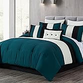 Chezmoi Collection Loft 8-Piece Queen Comforter Set, Teal/Black/White Luxury Striped Bedding for All Season