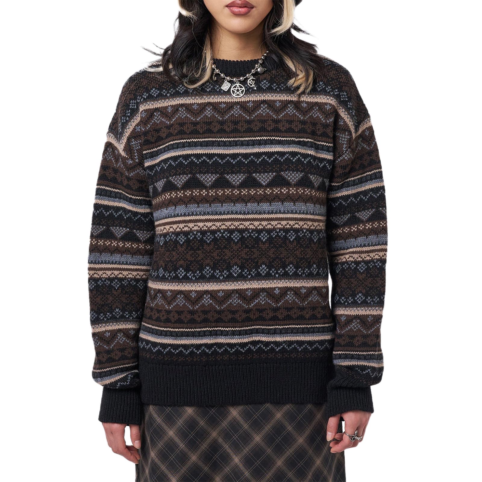 Women Y2K Argyle Striped Pullover Sweater Casual