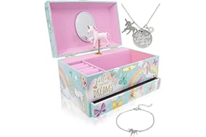 THE MEMORY BUILDING COMPANY The Memory Building Co Unicorn Musical Jewelry Box Plays Classic Melody, Storage Organizer Music Box for Kids Ages 6-12, MDF Wood w/ 2 Fabric Lined Ring Bracelet Necklace Treasure Compartments