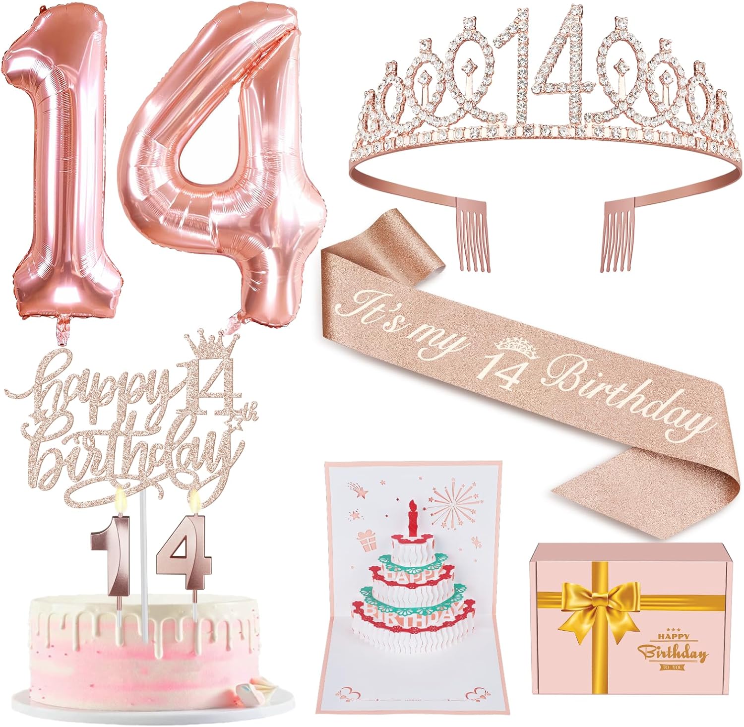 Candles & Holders - 14th Birthday Decorations for Girls Including 14th Birthday Sash and Tiara,14th Birthday Candles and Cake Toppers, Rose Gold 14 Balloons and 3D Birthday Card, 14th Birthday Gifts for Girls