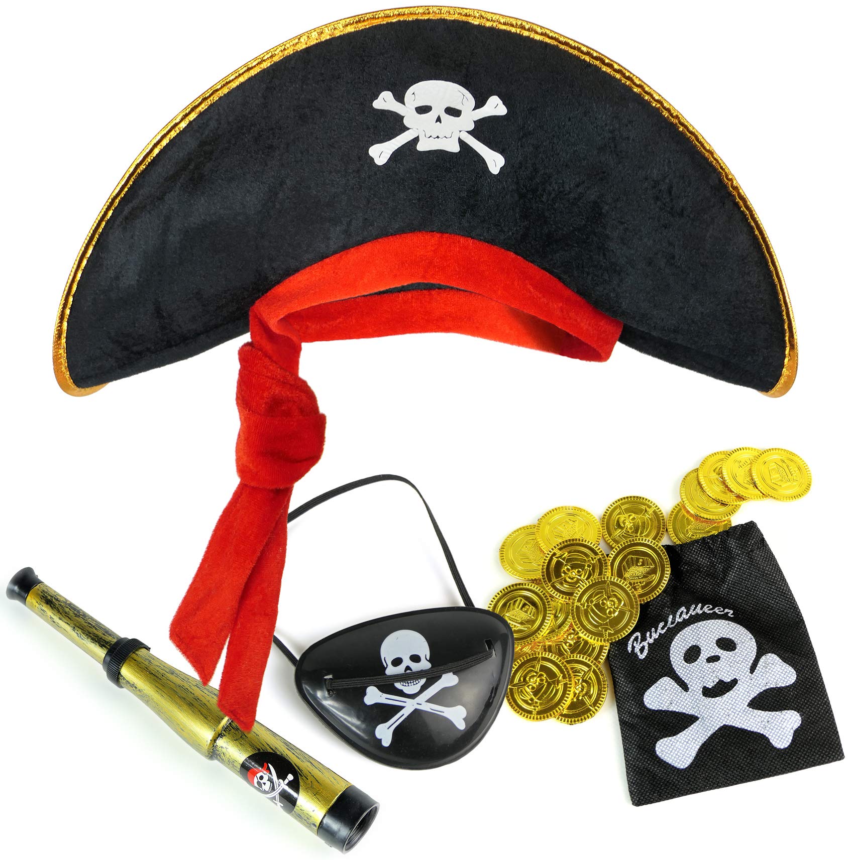 Balinco pirate set for children consisting of pirate hat + eye patch + telescope + coin pouch incl. 20 golden coins - costume set for carnival/fancy dress party