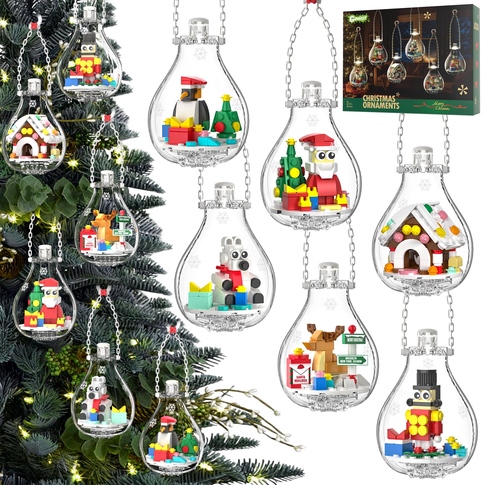 Photo 1 of 2025 Light-Up Christmas Ornament Building Kit — 647 PCS Holiday Building Blocks Set for Kids and Adults, Featuring Gingerbread House, Santa, Reindeer, Polar Bear, Nutcracker Soldier & Penguin
