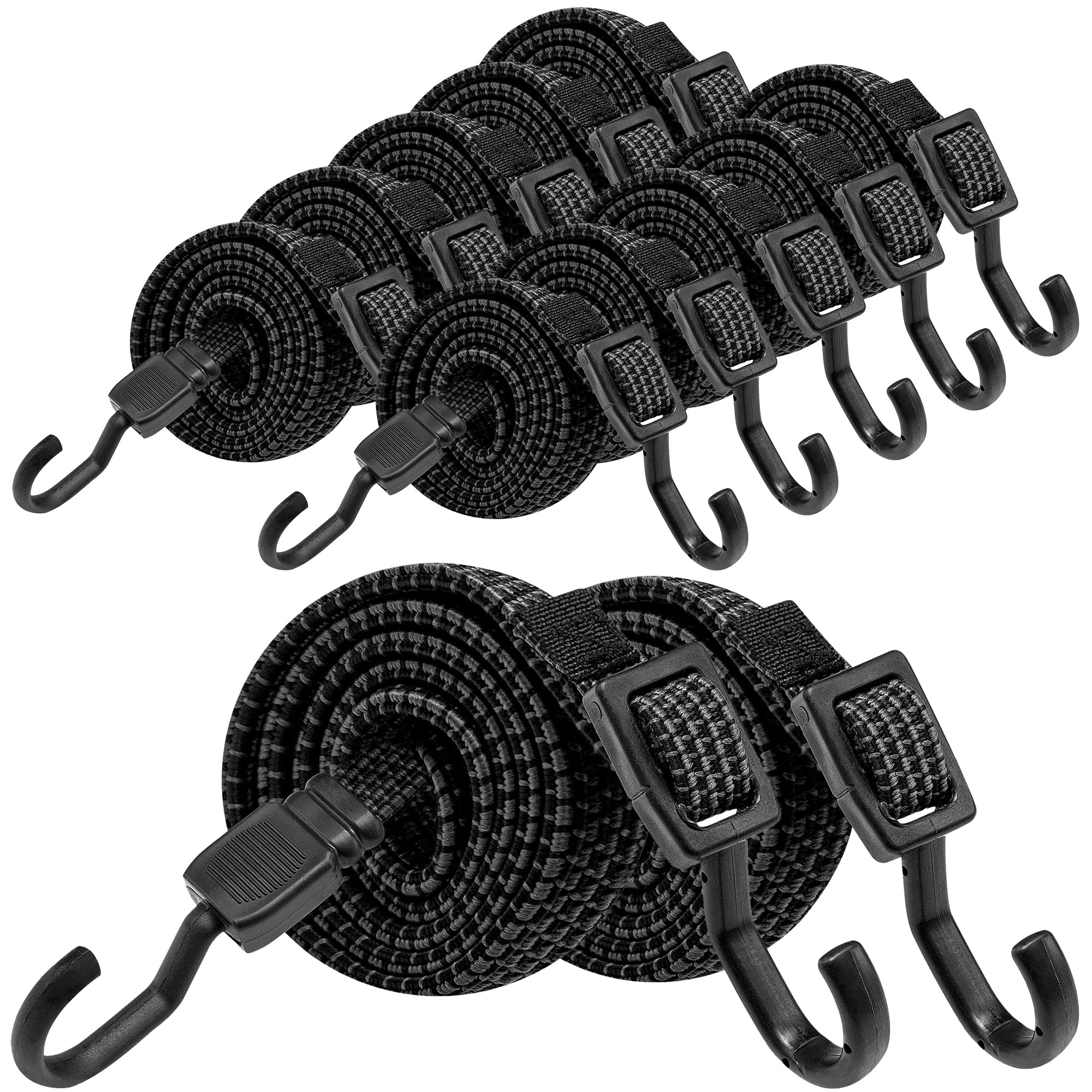 Rugtol Bungee Cords with Hooks Heavy Duty, 100cm Flat Adjustable Bungee Cords with Hooks 12 Pack, Rubber Black Bungee Straps with Metal Buckle Hooks for Outdoor, Camping, Tarps, Bike Rack, Tent, Truck