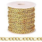 [33ft] 18K Gold Plated Figaro Chain for Jewelry Making, 3.5mm Wide 304 Stainless Steel Figaro Link Chain Roll Bulk for DIY Jewelry Making Craft