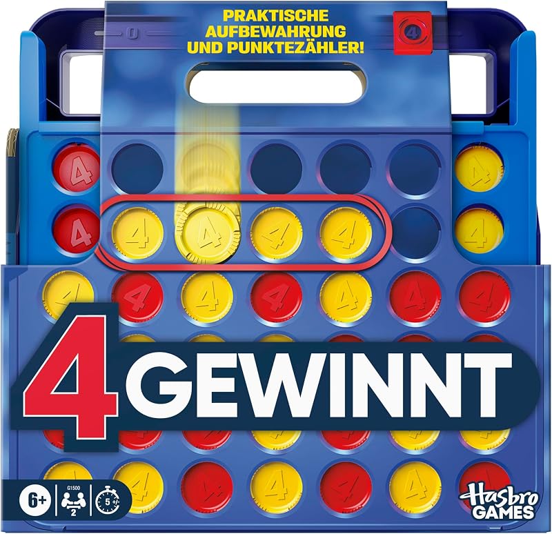 Offizielles Hasbro Games 4 gewinnt Spiel (2025 Edition) | praktische Aufbewahrung, Tragebox, Punktezähler | ab 6 Jahren | 2 Spieler | Familienspiel für Kinder - Deutsche Version
