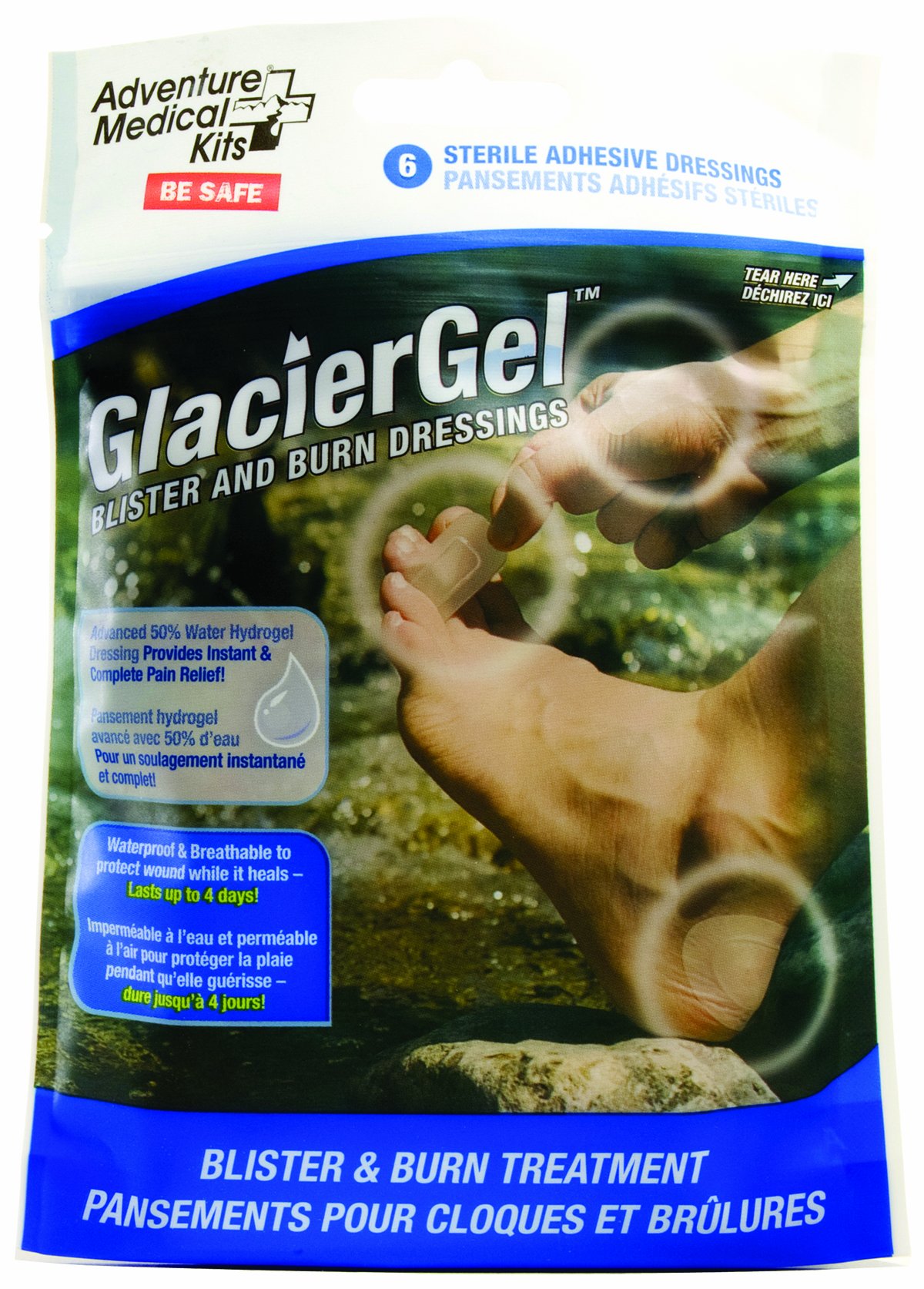 Adventure Medical Kits Glacier Gel Blister and Burn Dressing Foot Care 3 Lge Oval & 3 Med Rectangular Dressings Waterproof Breathable Instant Pain Relief Easy Application Super Thin Lasts 3-4 Days