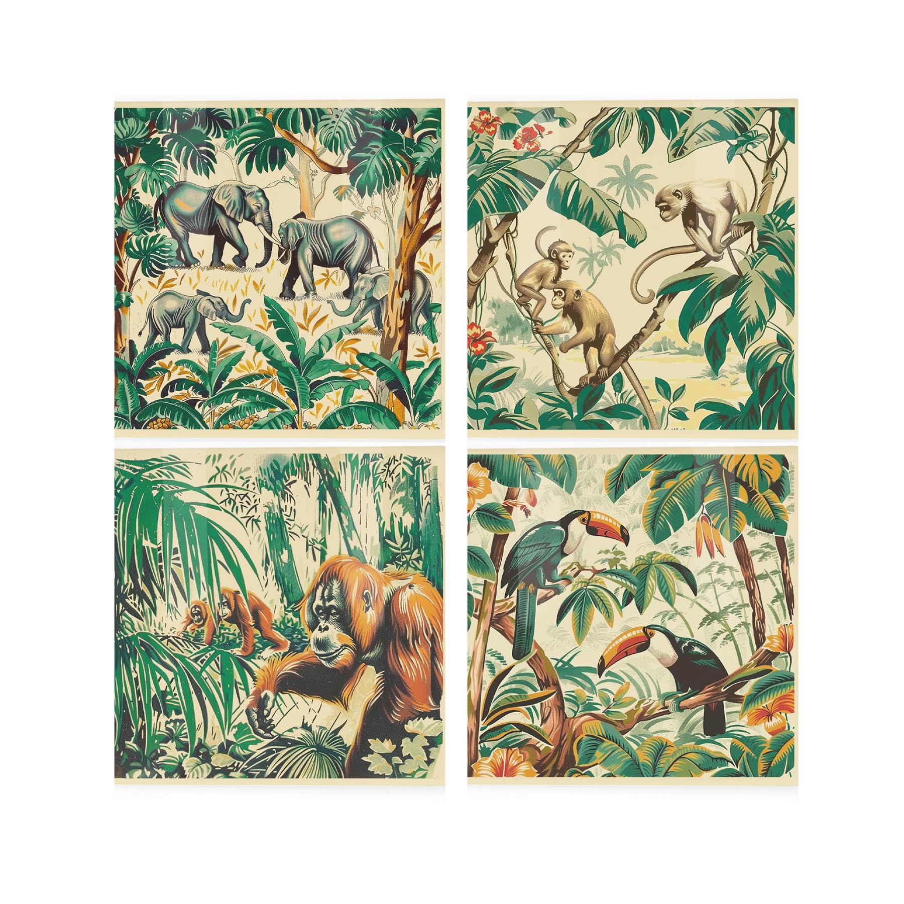 Vintage Jungle Ceramic Coaster Set - Exotic Safari Elephant Monkey Chimpanzee Toucan Square Set of Four (4) Coasters Gift