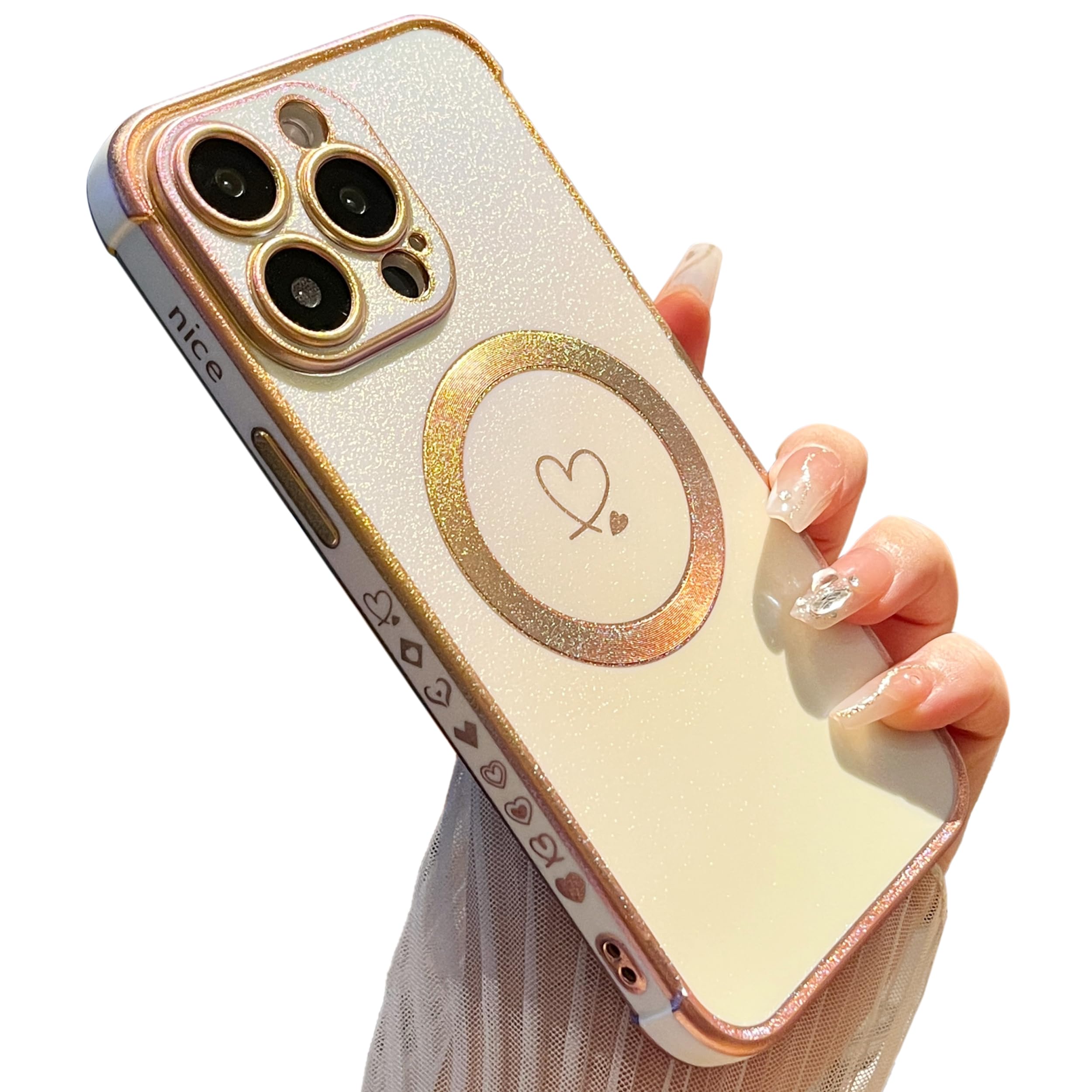 ZTOFERA Magnetic Case for iPhone 14 Pro Max, [Compatible with MagSafe] Luxury Fluorescent Iridescent Matte Silicone Case with Cute Love Heart Pattern Plated Rim Shockproof Cover, Iridescent White