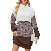 QIANSIQIANBO Women's Turtleneck Sweater Dress Color Block Long Sleeve Casual Knit Bodycon Fall Pullover Sweater Dresses