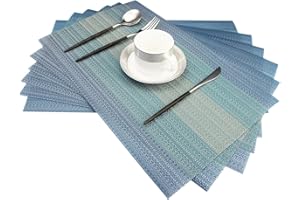 Bright Dream Placemats Washable Easy to Clean PVC Placemat for Kitchen Table Heat-resistand Woven Vinyl Hard Table Mats 12x18 inches Set of 6 （Blue）