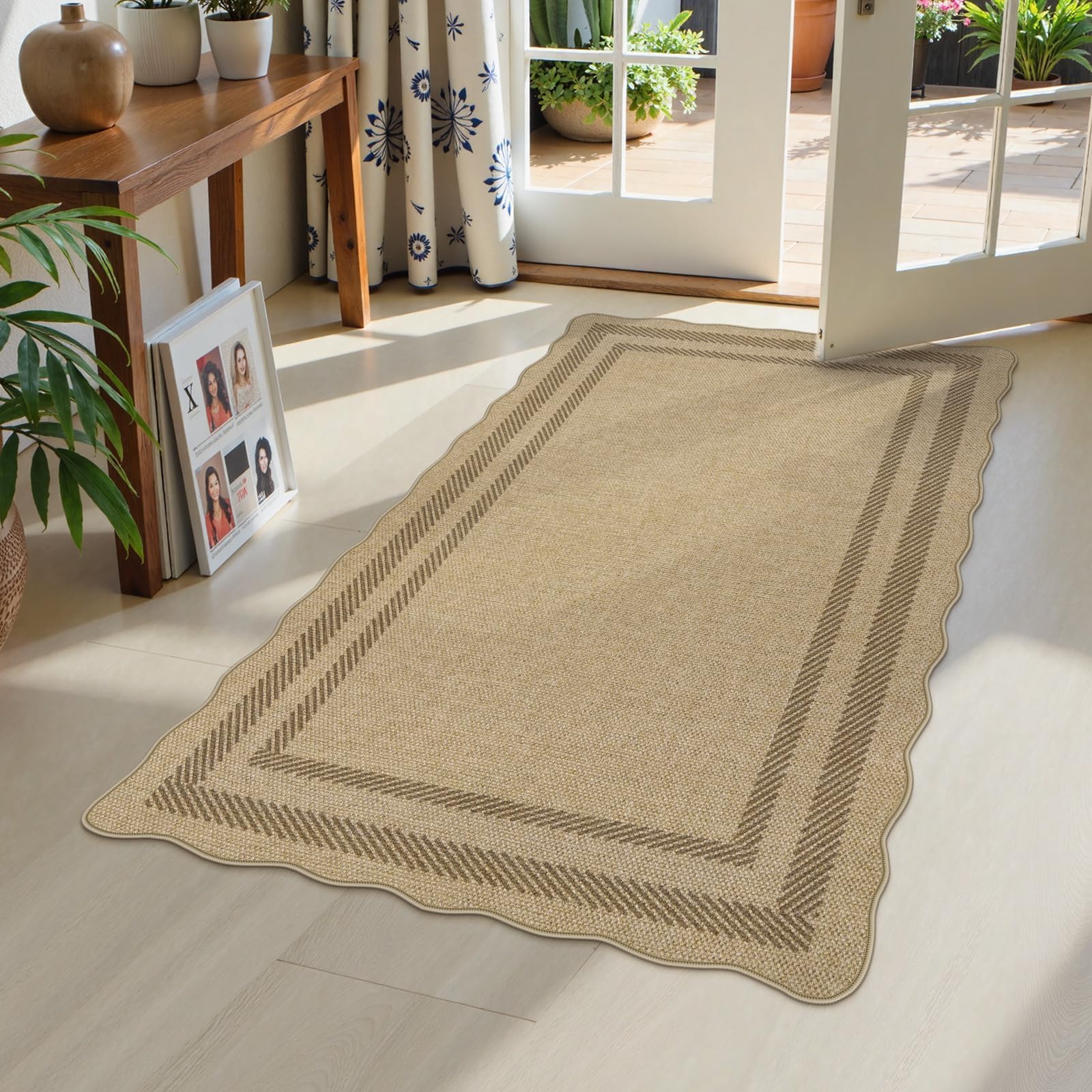 Photo 1 of LIVEBOX Scalloped Easy Jute 3x5 Outdoor Rug, Washable Non-Slip Geometri Tan Rugs for Entryway, Indoor Outdoor Farmhouse Rug Morden Carpet Door Mat Area Rug for Bedroom Living Room Kitchen