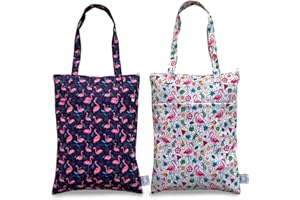 FLOCK THREE 2pcs Wet Dry Bag Waterproof Tote Reusable Wet Clothes Baby Diapers Stroller Swimsuit Travel Small Larger Electronics Toiletries Pouch Flamingo