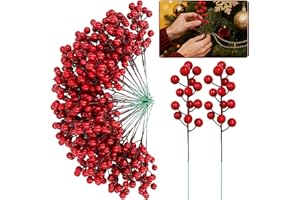 Grandeal 50 Pack Red Berry Stems Artificial Holly Berry Christmas Picks Sprays for Christmas Tree Decorations, Fake Fruit Vase Filler DIYs Wreath Crafts Xmas Ornament Wedding Party Home Decor