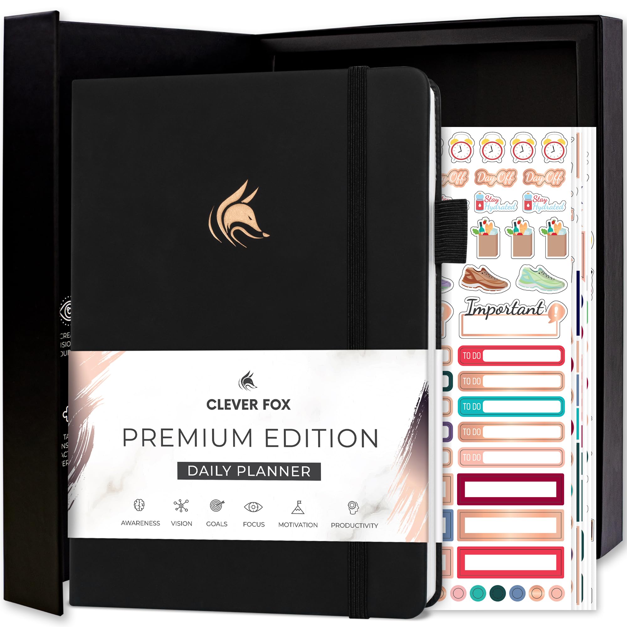 Clever Fox Planner Daily Premium – Undated Daily Planner with Hourly Schedule, Personal Organizer, Productivity Journal, 6 Months (Black)