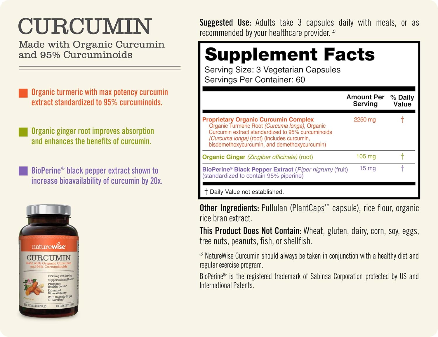NatureWise Curcumin Turmeric 2250mg (2 Month Supply) | 95% Curcuminoids & BioPerine Black Pepper Extract | Advanced Absorption for Cardiovascular Health Joint Support | Gluten Free Non-GMO [180 Count]: Health & Personal Care